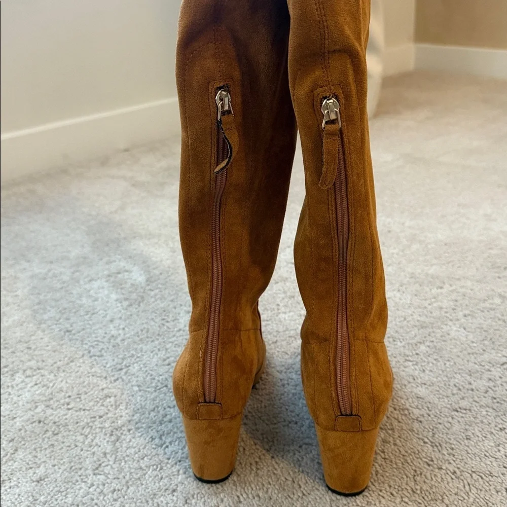 Goodnight Macaroon ‘Marlo’ Over-The-Knee Boots | Size 37 | Tan Suede Leather